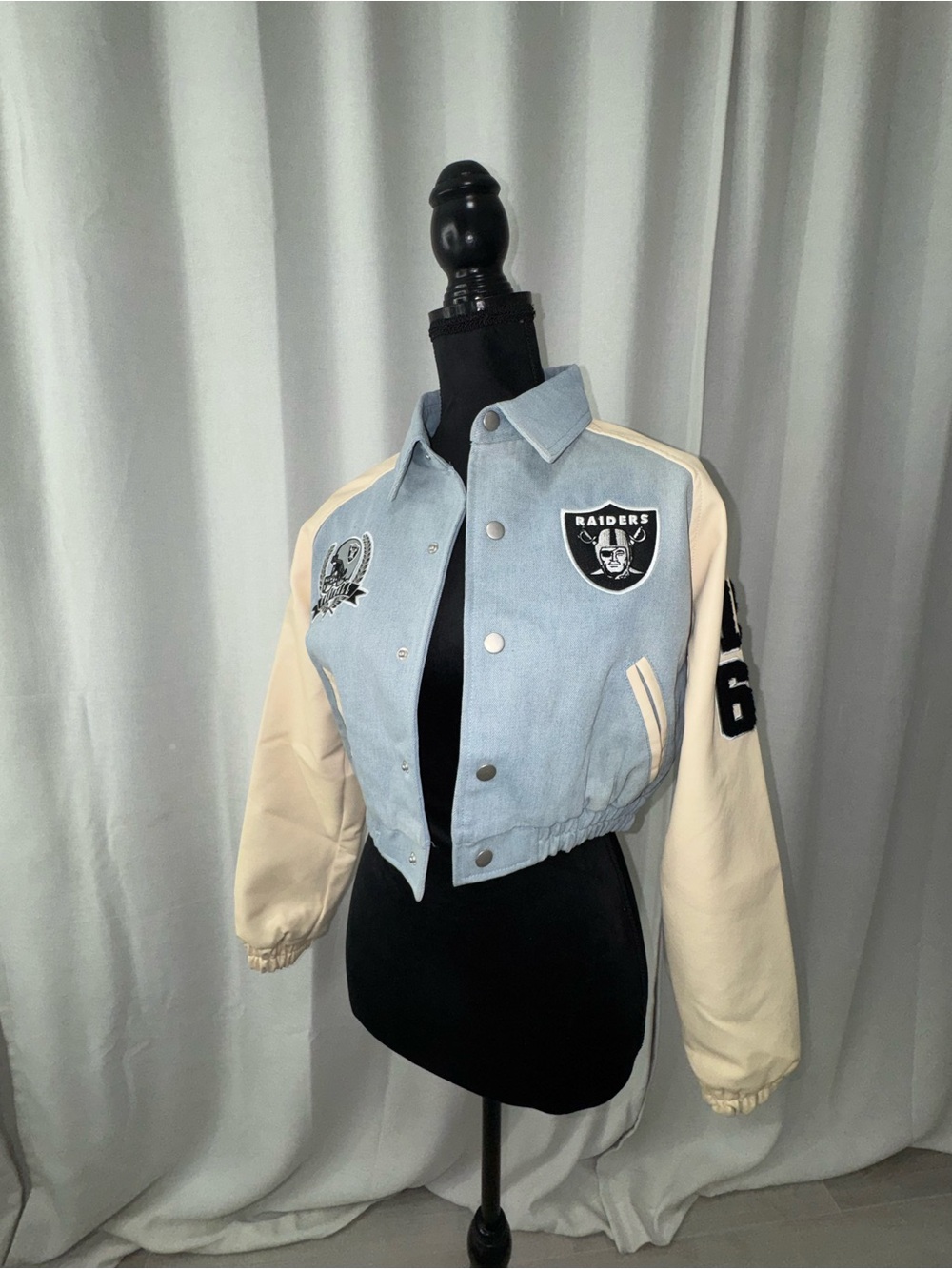 Light Blue & Cream Cropped Varsity Jacket with Raiders Patches